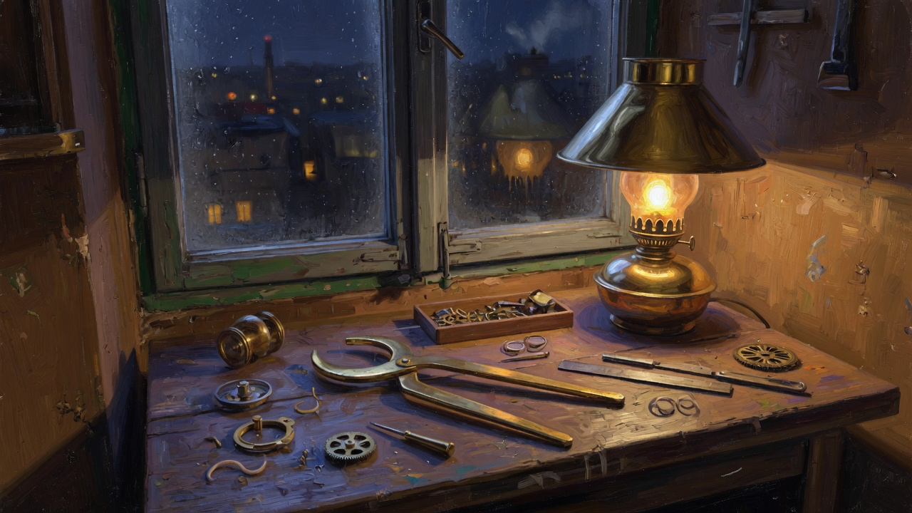 Painted night workbench with a small brass instrument and a wide dark window, no text